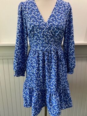 Eliza J Cherry Print Mini Dress Size 6 Blue Long Sleeve Tiered Ruffle Pockets